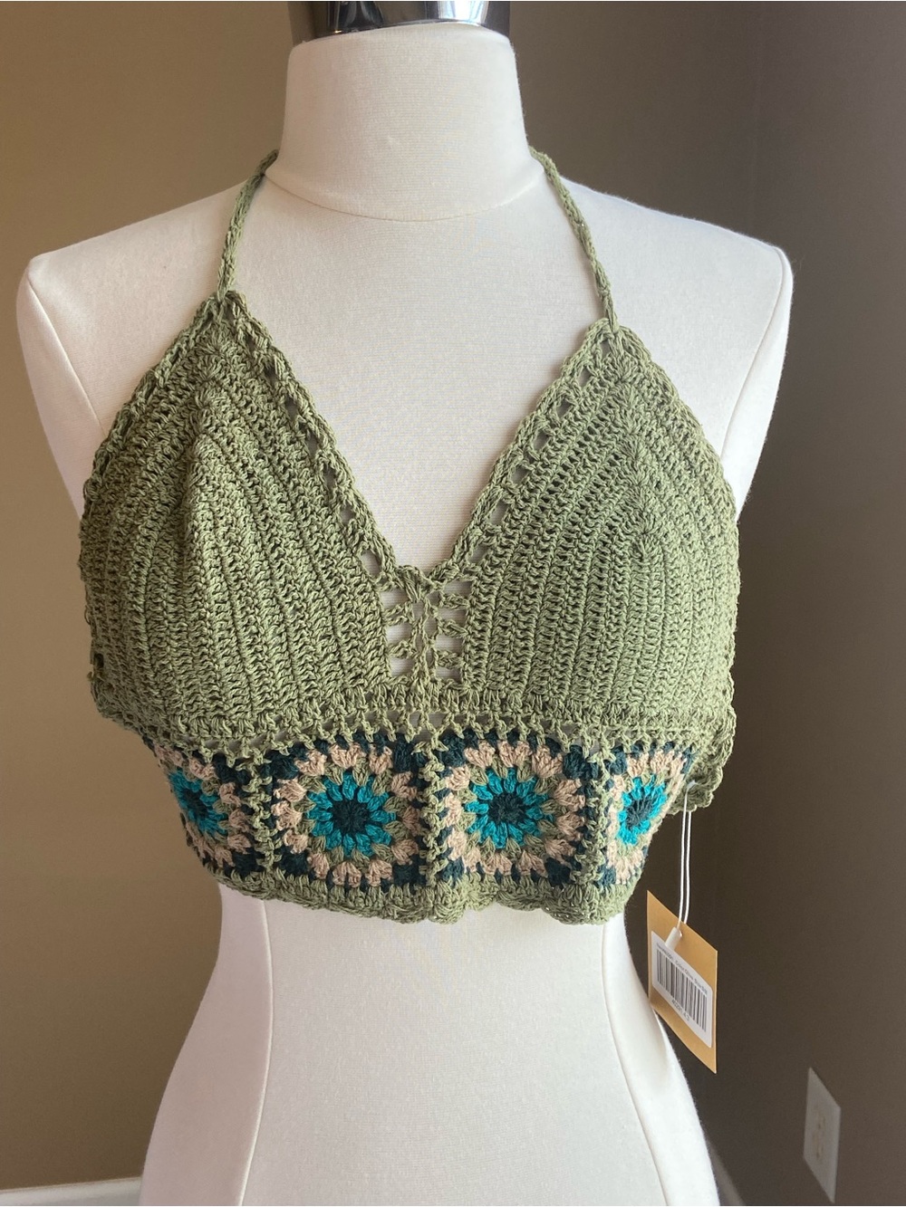 Lakhays Olive Crochet Halter Cotton Bralette Size S/M NWT Handmade Indie Boho